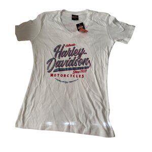 Harley-Davidson Womens White V-Neck T-Shirt W/ Rhinestone Logo Medium